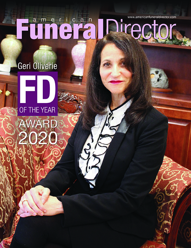 Geri Oliverie, manager and owner of OGR member Oliverie Funeral Home in Manchester Township, N.J., appears on the cover of the December 2020 issue of 'American Funeral Director' magazine as she was announced their Funeral Director of the Year for 2020. (image courtesy Kates-Boylston Publications)